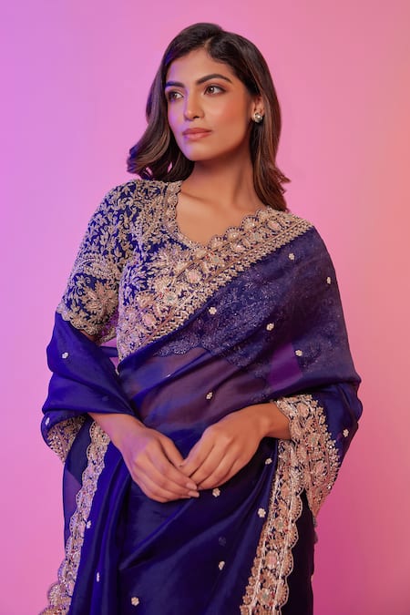 Juhi Shekhawat_Navy Silk Organza Pearls, Embroidery, Zari Scoop Floral Scalloped Saree Set _at_Aza_Fashions
