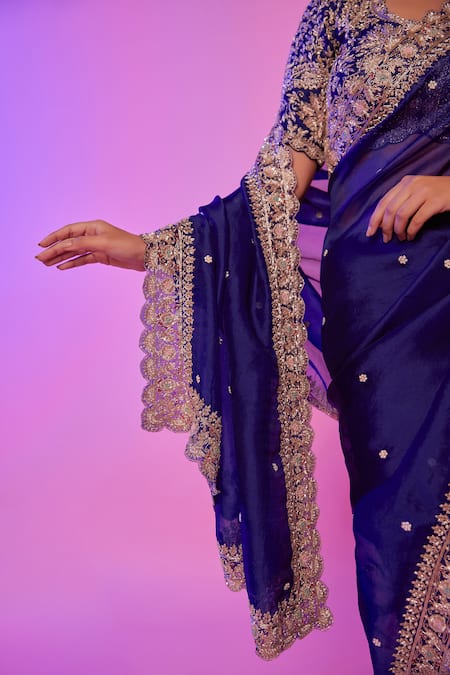 Buy_Juhi Shekhawat_Navy Silk Organza Pearls, Embroidery, Zari Scoop Floral Scalloped Saree Set 