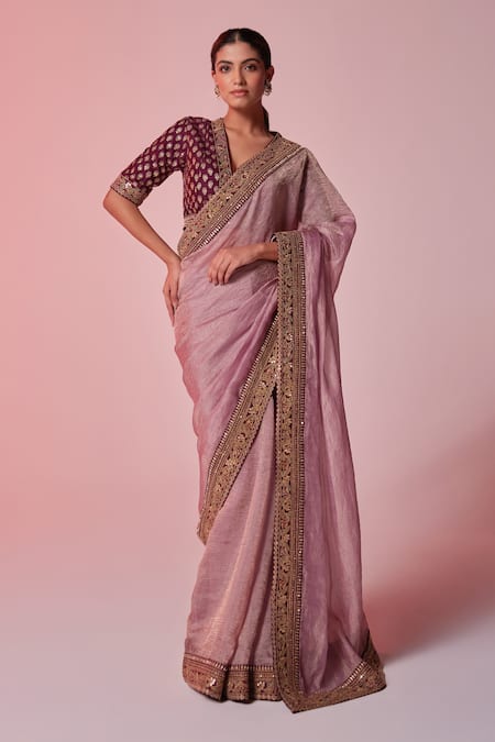 Buy_Juhi Shekhawat_Maroon Tissue Sequins, Zari V-neck Floral Embroidered Saree Set _Online_at_Aza_Fashions