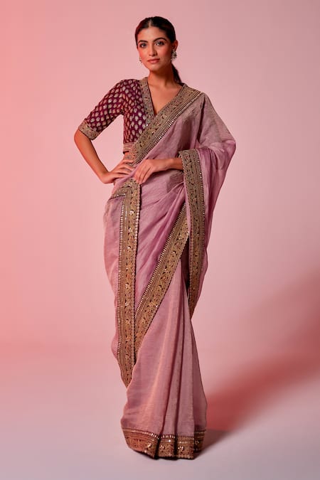 Shop_Juhi Shekhawat_Maroon Tissue Sequins, Zari V-neck Floral Embroidered Saree Set _Online_at_Aza_Fashions