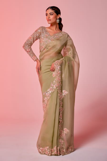 Buy_Juhi Shekhawat_Green Silk Organza Sequins, Zari, Embroidery V-neck Floral Scallop Border Saree _Online_at_Aza_Fashions