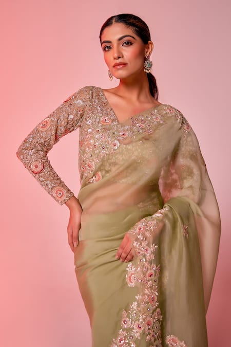 Shop_Juhi Shekhawat_Green Silk Organza Sequins, Zari, Embroidery V-neck Floral Scallop Border Saree _Online_at_Aza_Fashions