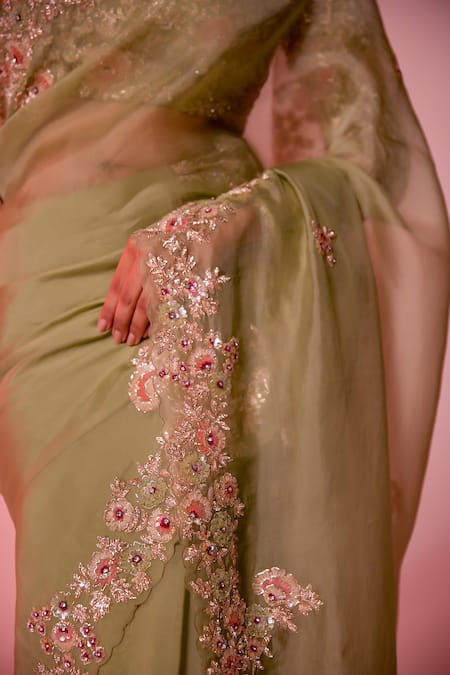 Buy_Juhi Shekhawat_Green Silk Organza Sequins, Zari, Embroidery V-neck Floral Scallop Border Saree 