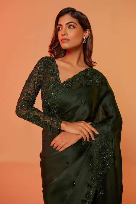 Juhi Shekhawat_Green Silk Organza Sequins, Beads, Cut Work Scallop Floral Embroidered Saree Set _Online_at_Aza_Fashions