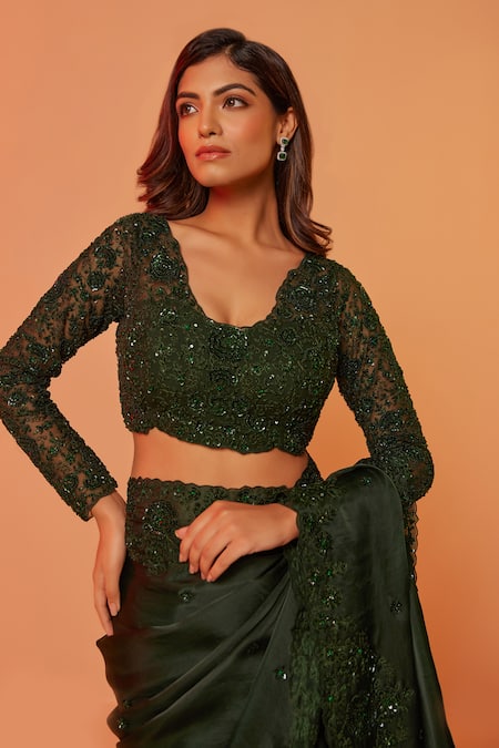 Buy_Juhi Shekhawat_Green Silk Organza Sequins, Beads, Cut Work Scallop Floral Embroidered Saree Set _Online_at_Aza_Fashions