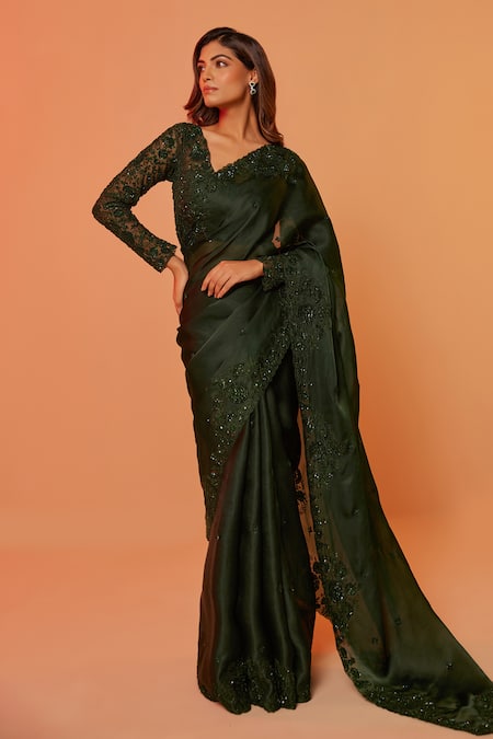 Buy_Juhi Shekhawat_Green Silk Organza Sequins, Beads, Cut Work Scallop Floral Embroidered Saree Set 