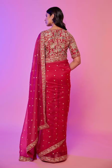 Juhi Shekhawat Rani Pink Floral Bloom Embroidered Saree Set 
