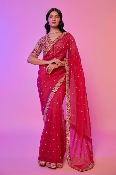 Juhi Shekhawat_Pink Silk Organza Cut Work, Sequins, Rani Floral Bloom Embroidered Saree Set _Online_at_Aza_Fashions