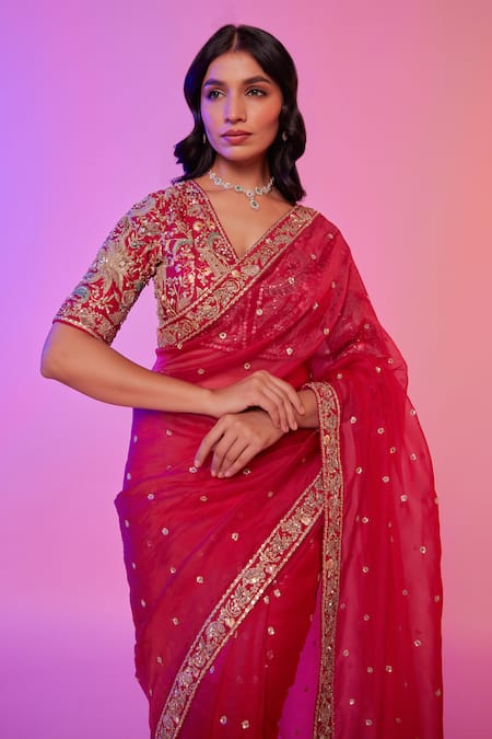 Buy_Juhi Shekhawat_Pink Silk Organza Cut Work, Sequins, Rani Floral Bloom Embroidered Saree Set _Online_at_Aza_Fashions