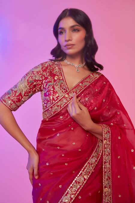 Shop_Juhi Shekhawat_Pink Silk Organza Cut Work, Sequins, Rani Floral Bloom Embroidered Saree Set _Online_at_Aza_Fashions