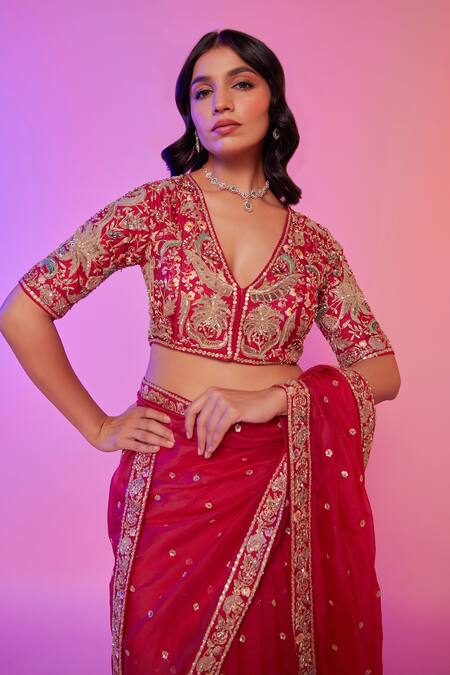 Buy_Juhi Shekhawat_Pink Silk Organza Cut Work, Sequins, Rani Floral Bloom Embroidered Saree Set 