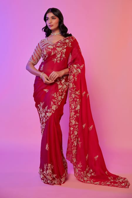 Juhi Shekhawat_Pink Silk Organza Sequins, Cut Work, Embroidery Floral Vine Cutdana Saree Set _Online_at_Aza_Fashions