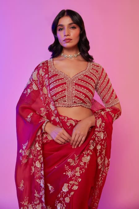 Buy_Juhi Shekhawat_Pink Silk Organza Sequins, Cut Work, Embroidery Floral Vine Cutdana Saree Set _Online_at_Aza_Fashions