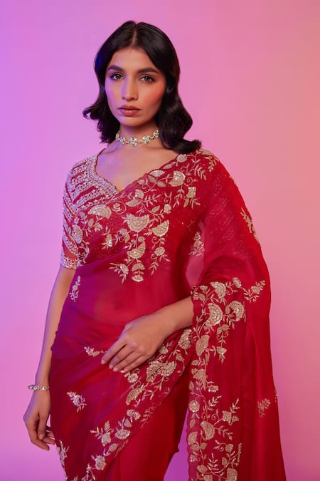 Shop_Juhi Shekhawat_Pink Silk Organza Sequins, Cut Work, Embroidery Floral Vine Cutdana Saree Set _Online_at_Aza_Fashions