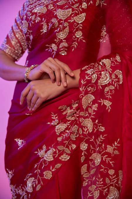 Juhi Shekhawat_Pink Silk Organza Sequins, Cut Work, Embroidery Floral Vine Cutdana Saree Set _at_Aza_Fashions