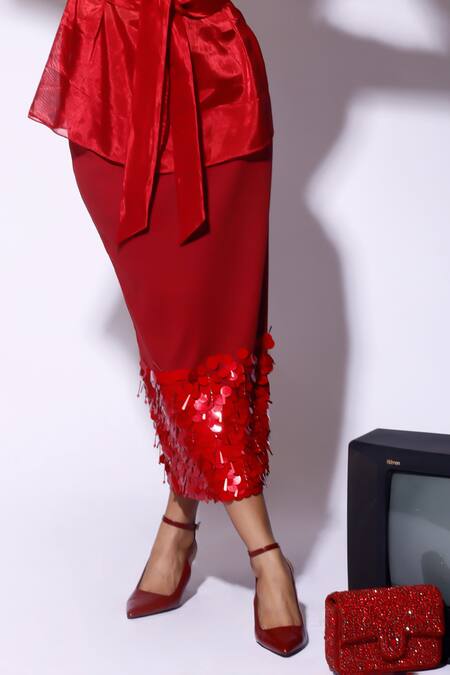 Kritika Murarka_Red Kota Doria Sequins Embroidered Knit Midi Skirt _Online_at_Aza_Fashions
