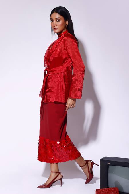 Buy_Kritika Murarka_Red Kota Doria Sequins Embroidered Knit Midi Skirt _Online_at_Aza_Fashions