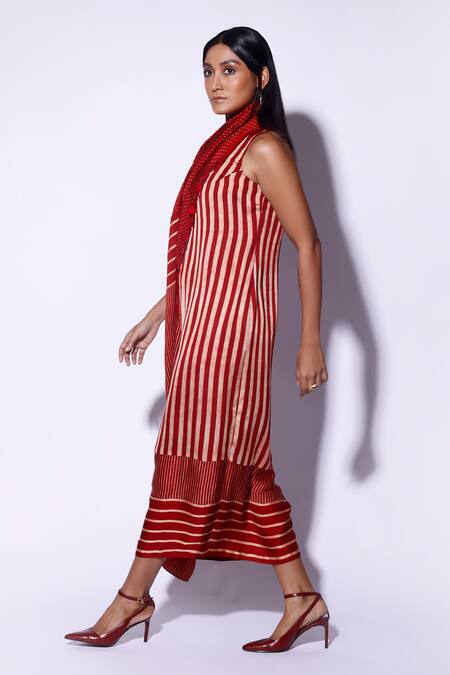 Kritika Murarka_Red Satin Sequins Round Neck Stripe And Polka Dot Dress _Online_at_Aza_Fashions