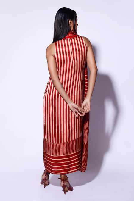 Shop_Kritika Murarka_Red Satin Sequins Round Neck Stripe And Polka Dot Dress _at_Aza_Fashions