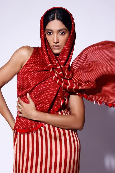 Kritika Murarka_Red Satin Sequins Round Neck Stripe And Polka Dot Dress _at_Aza_Fashions