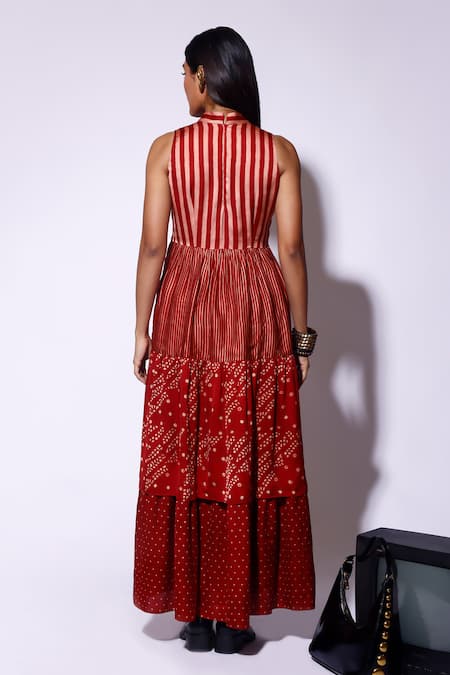 Shop_Kritika Murarka_Red Satin Round Neck Geometric Printed Tiered Maxi Dress _at_Aza_Fashions
