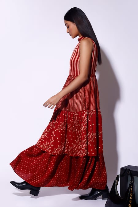 Buy_Kritika Murarka_Red Satin Round Neck Geometric Printed Tiered Maxi Dress _Online_at_Aza_Fashions