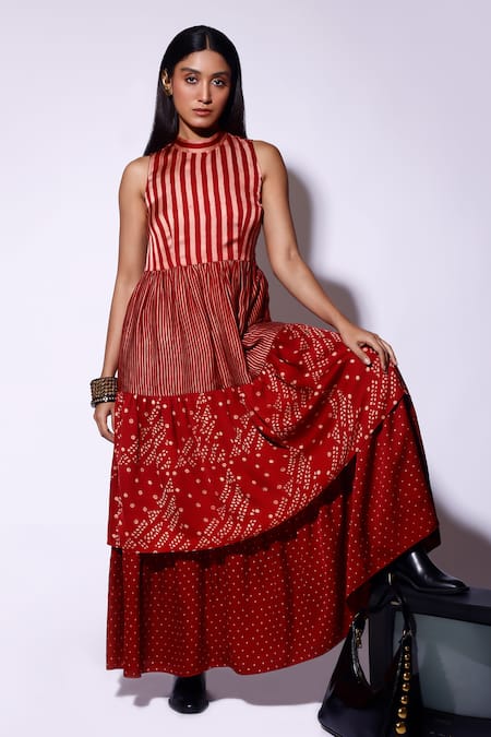 Shop_Kritika Murarka_Red Satin Round Neck Geometric Printed Tiered Maxi Dress _Online_at_Aza_Fashions