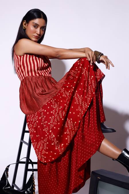 Kritika Murarka_Red Satin Round Neck Geometric Printed Tiered Maxi Dress _at_Aza_Fashions