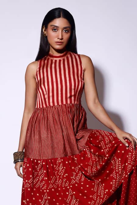 Buy Kritika Murarka Red Satin Round Neck Geometric Printed Tiered Maxi Dress Buy_Kritika Murarka_Red Satin Round Neck Geometric Printed Tiered Maxi Dress