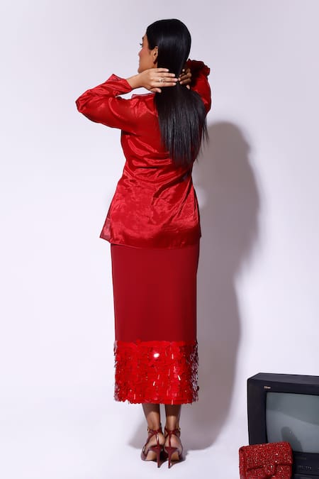 Shop_Kritika Murarka_Red Tissue, Silk Collared Organza Wrap Top _at_Aza_Fashions