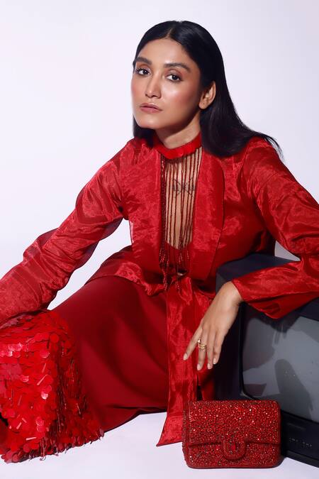 Kritika Murarka_Red Tissue, Silk Collared Organza Wrap Top _at_Aza_Fashions