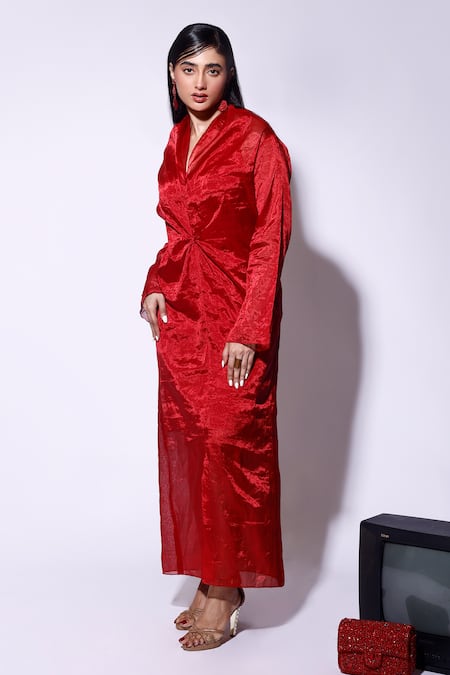 Kritika Murarka_Red Organza, Silk Pearls V-neck Knotted Sleeve Maxi Dress _Online_at_Aza_Fashions