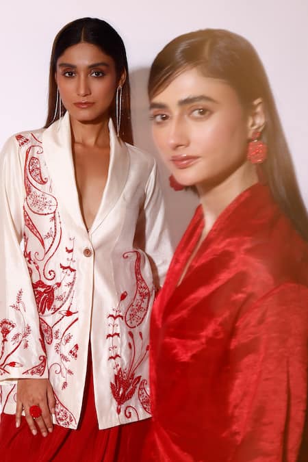 Buy_Kritika Murarka_Red Organza, Silk Pearls V-neck Knotted Sleeve Maxi Dress _Online_at_Aza_Fashions