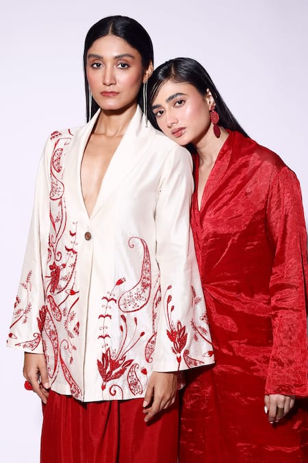 Shop_Kritika Murarka_Red Organza, Silk Pearls V-neck Knotted Sleeve Maxi Dress _Online_at_Aza_Fashions