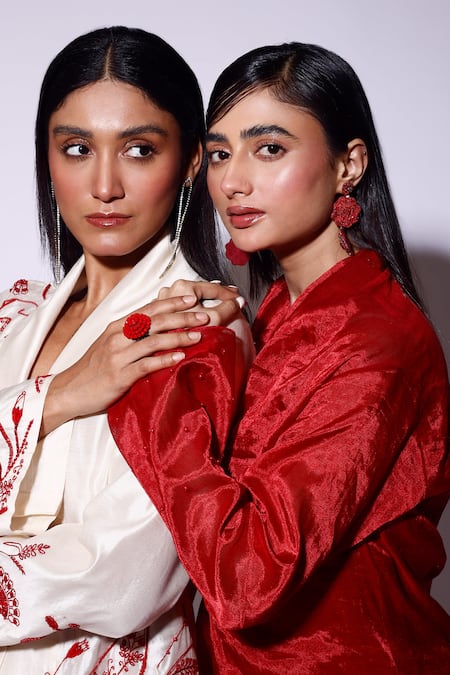 Kritika Murarka_Red Organza, Silk Pearls V-neck Knotted Sleeve Maxi Dress _at_Aza_Fashions