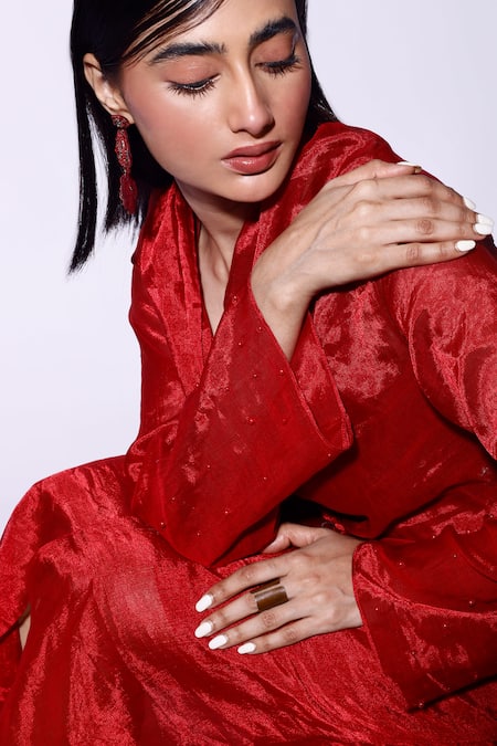Buy_Kritika Murarka_Red Organza, Silk Pearls V-neck Knotted Sleeve Maxi Dress 