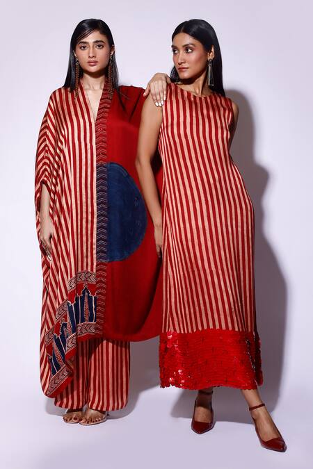 Kritika Murarka_Red Satin Sequins Boat Neck Stripe Maxi Dress _Online_at_Aza_Fashions