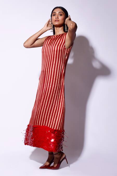 Buy_Kritika Murarka_Red Satin Sequins Boat Neck Stripe Maxi Dress _Online_at_Aza_Fashions