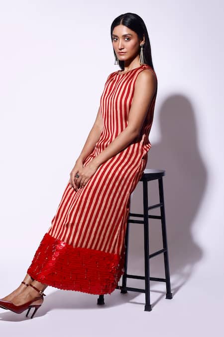 Shop_Kritika Murarka_Red Satin Sequins Boat Neck Stripe Maxi Dress _Online_at_Aza_Fashions