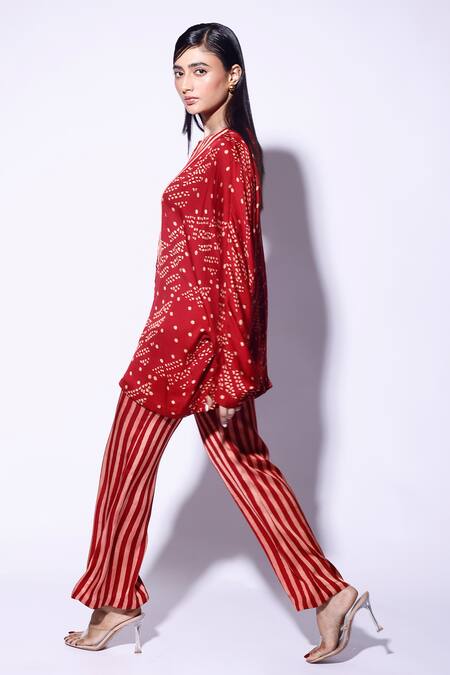 Kritika Murarka_Red Satin Stripe Print Pant _Online_at_Aza_Fashions