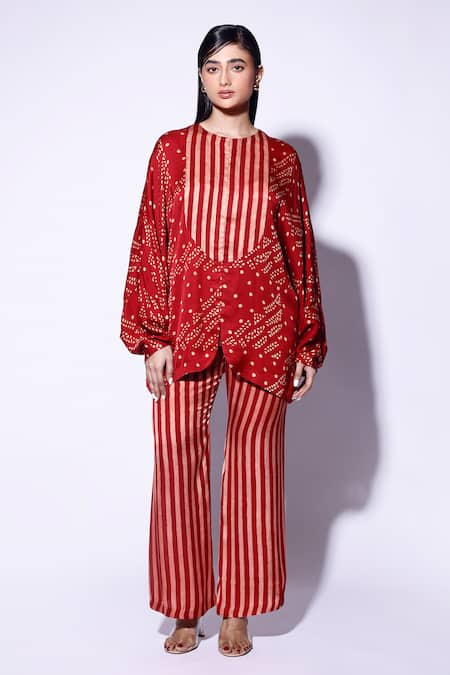 Buy_Kritika Murarka_Red Satin Stripe Print Pant _Online_at_Aza_Fashions