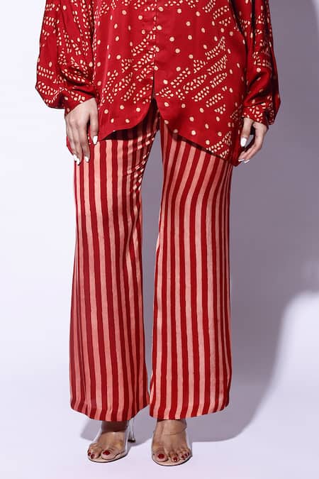 Kritika Murarka Red Satin Stripe Print Pant at Aza Fashions Kritika Murarka_Red Satin Stripe Print Pant _at_Aza_Fashions