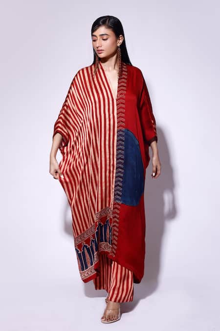 Shop_Kritika Murarka_Red Satin V-neck Stripe And Circle Print Cape Dress _at_Aza_Fashions