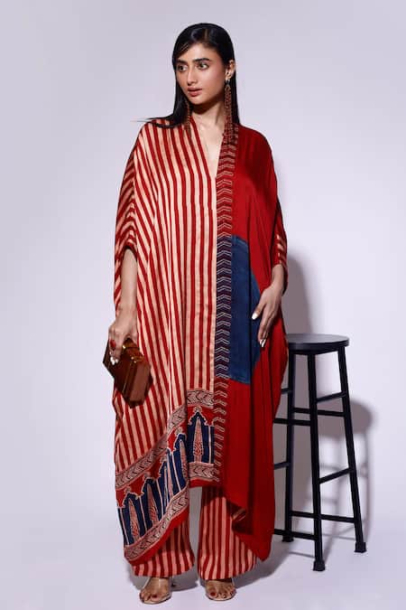 Buy_Kritika Murarka_Red Satin V-neck Stripe And Circle Print Cape Dress _Online_at_Aza_Fashions