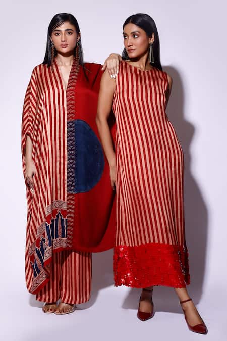 Shop_Kritika Murarka_Red Satin V-neck Stripe And Circle Print Cape Dress _Online_at_Aza_Fashions