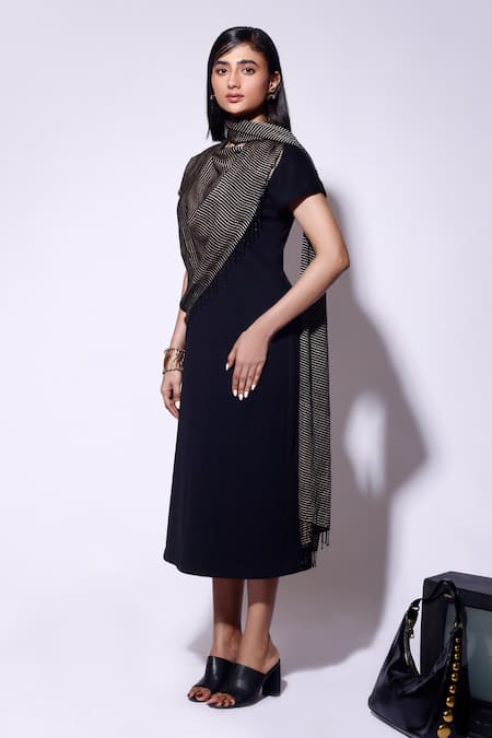 Kritika Murarka_Black Satin, Kota Doria Fringe Asymmetric Striped Scarf Dress _Online_at_Aza_Fashions