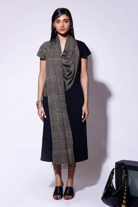 Buy_Kritika Murarka_Black Satin, Kota Doria Fringe Asymmetric Striped Scarf Dress _Online_at_Aza_Fashions