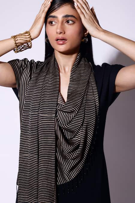 Shop_Kritika Murarka_Black Satin, Kota Doria Fringe Asymmetric Striped Scarf Dress _Online_at_Aza_Fashions
