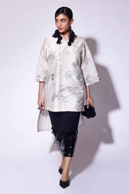 Shop_Kritika Murarka_White Chanderi Silk Round Neck Paisley Bloom Print High Low Tunic _at_Aza_Fashions