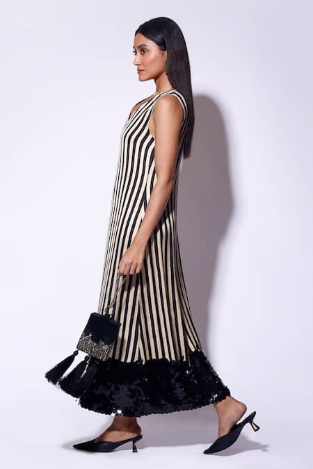 Buy_Kritika Murarka_Black Satin Sequins V-neck Striped Print Midi Dress _Online_at_Aza_Fashions
